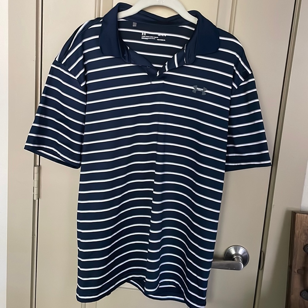 Navy and white striped golf shirt